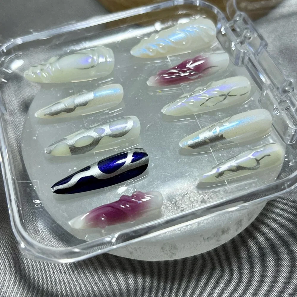 Elegant Nail Art Set 3D Silver & Purple Accents Press On reusable handmade 10 pc - Picture 4 of 7